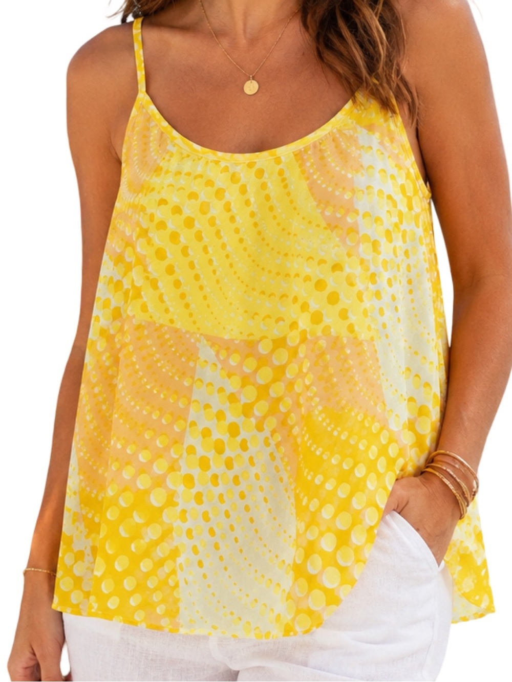 Cabi Yellow Sheer Polka Dot Cami Tank NWT Size L Flowy Lightweight